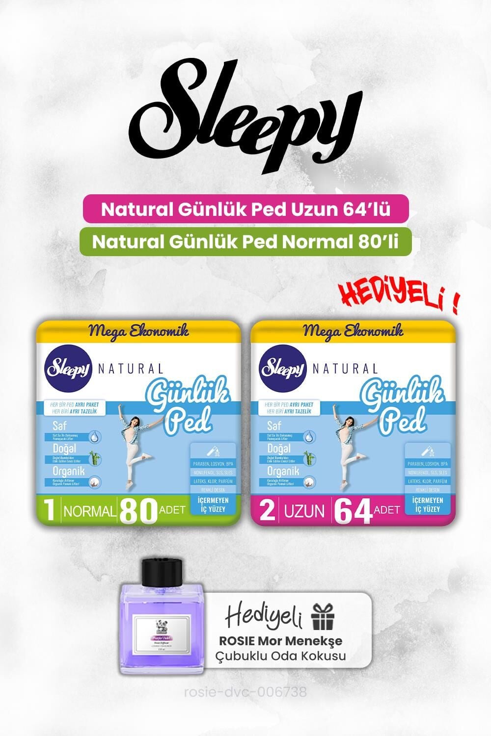 Sleepy Natural Normal 80 ve Uzun 64 Adet Günlük Ped, ROSIE oda kokusu