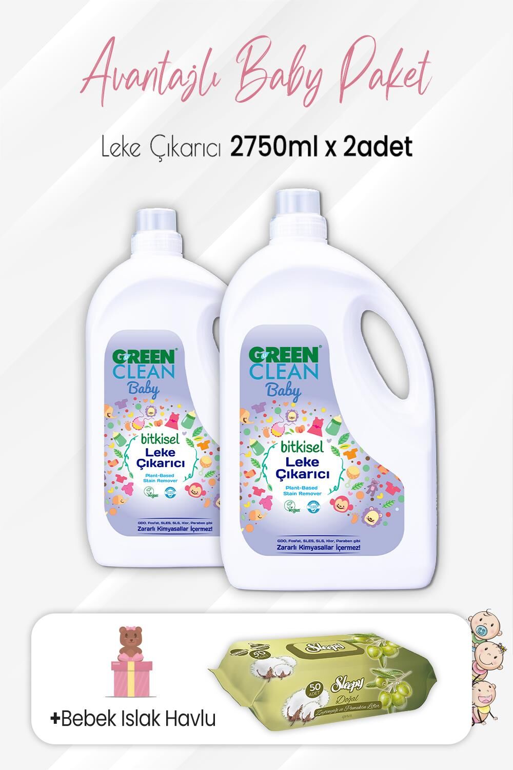 Green Clean Baby Leke Çıkarıcı 2750 ml x 2 Adet ve Zeytinyağlı Pamuklu 50'li