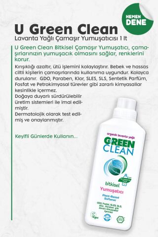U Green Clean Bitkisel Çamaşır Yumuşatıcısı 1 Litre (Lavanta Kokulu)