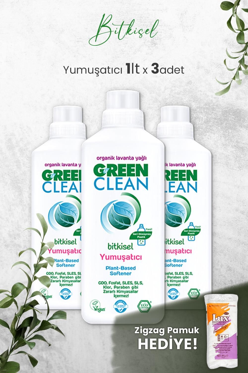 U Green Clean Bitkisel Çamaşır Yumuşatıcısı 1 Litre (Lavanta Kokulu) x 3 Adet ve Hediyeli