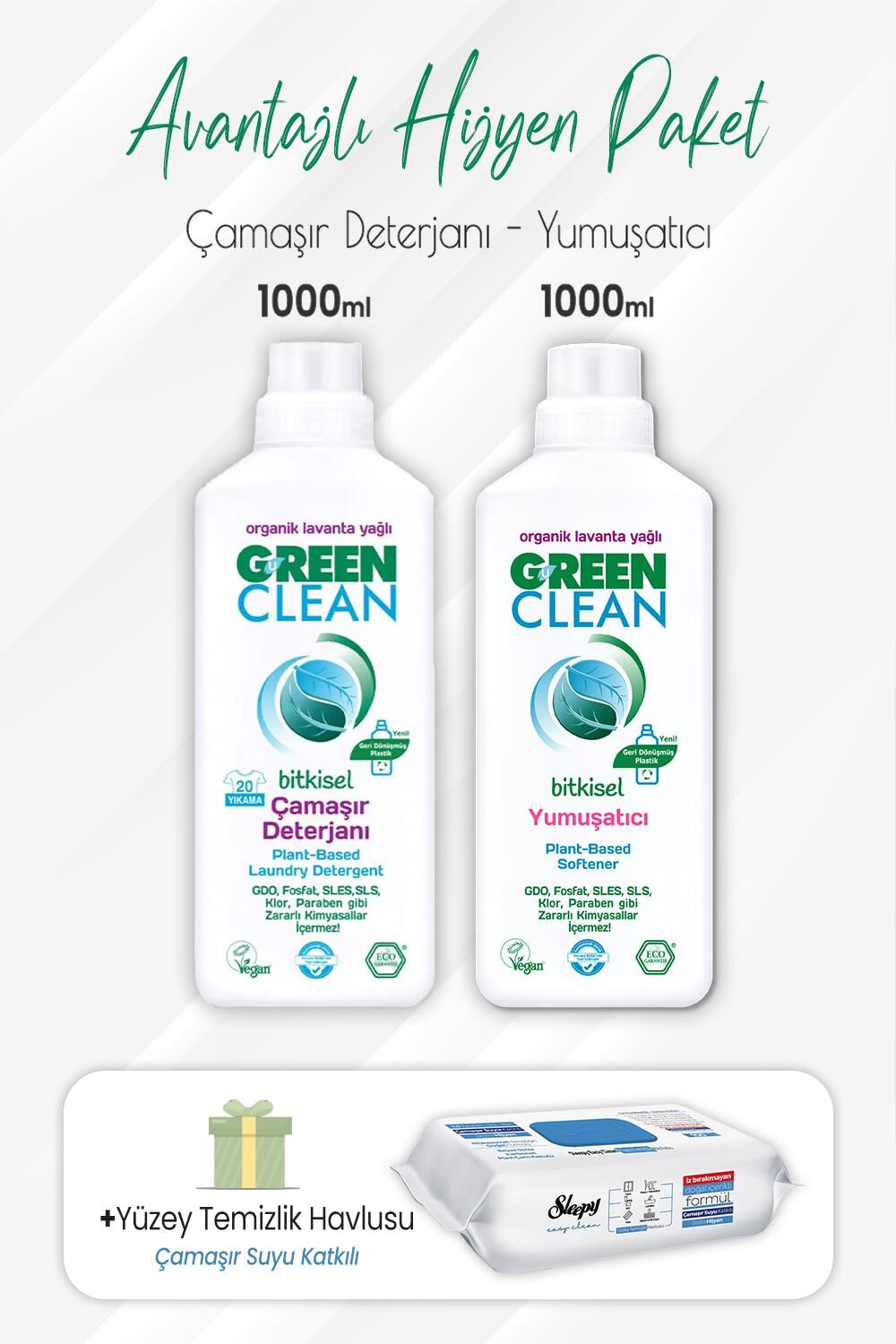 Green Clean Deterjan, Yumuşatıcı 1 lt ve Çamaşır Sulu Yüzey Temizlik Havlusu 100' lü