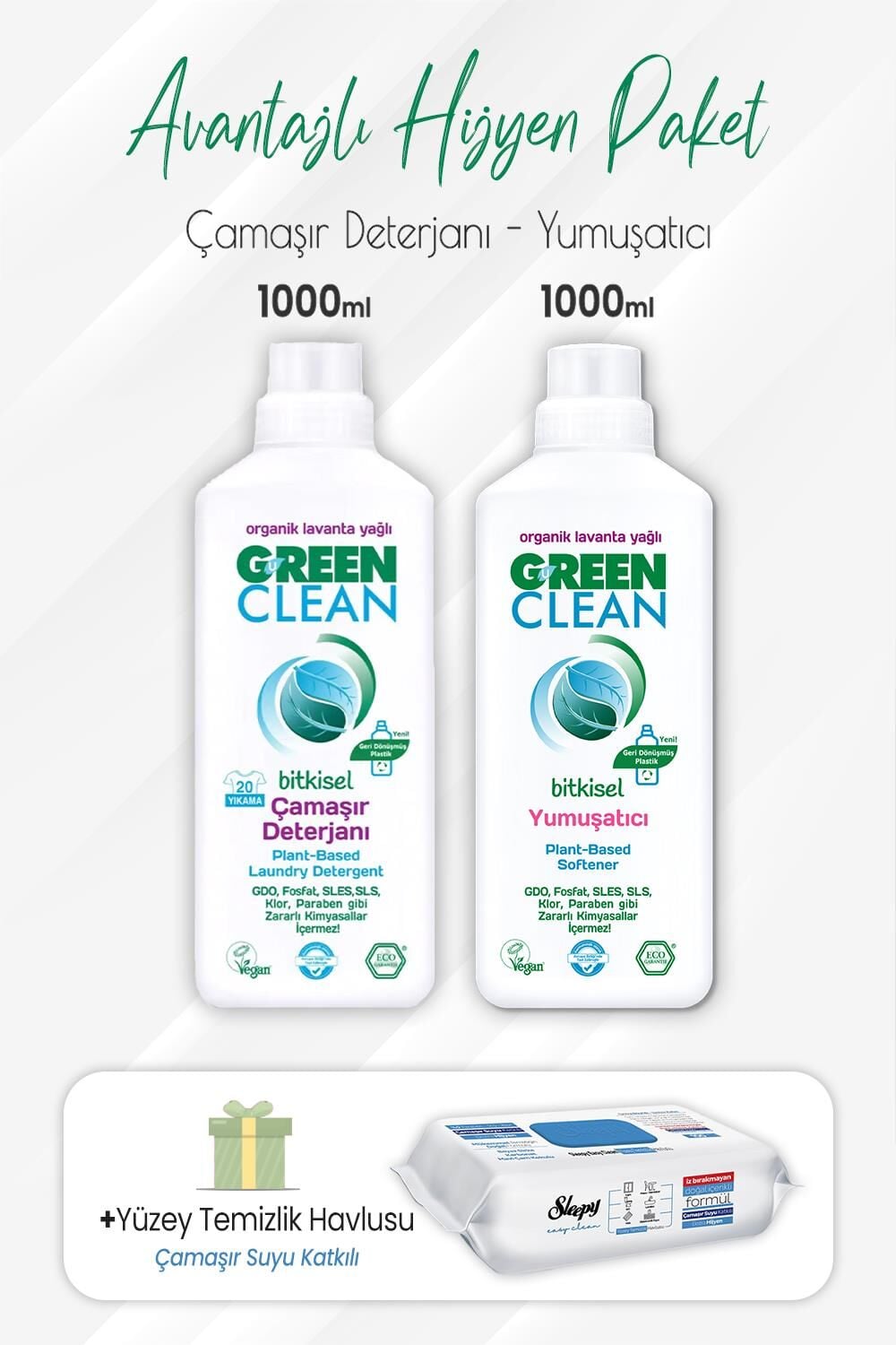 Green Clean Deterjan, Yumuşatıcı 1 lt ve Çamaşır Sulu Yüzey Temizlik Havlusu 100' lü