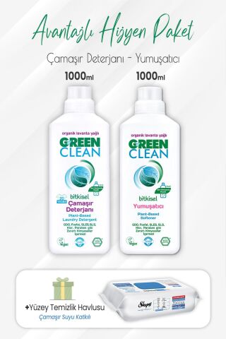 Green Clean Deterjan, Yumuşatıcı 1 lt ve Çamaşır Sulu Yüzey Temizlik Havlusu 100' lü
