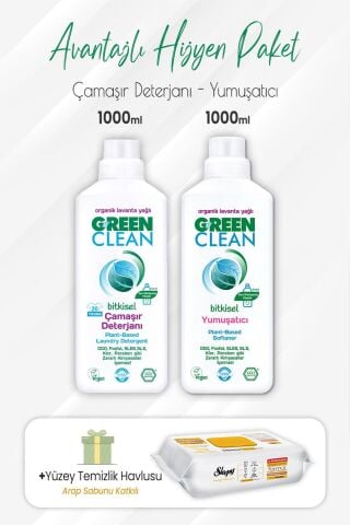 Green Clean Bitkisel Deterjan, Yumuşatıcı 1 lt ve Arap Sabunlu Yüzey Temizlik Havlusu 100' lü