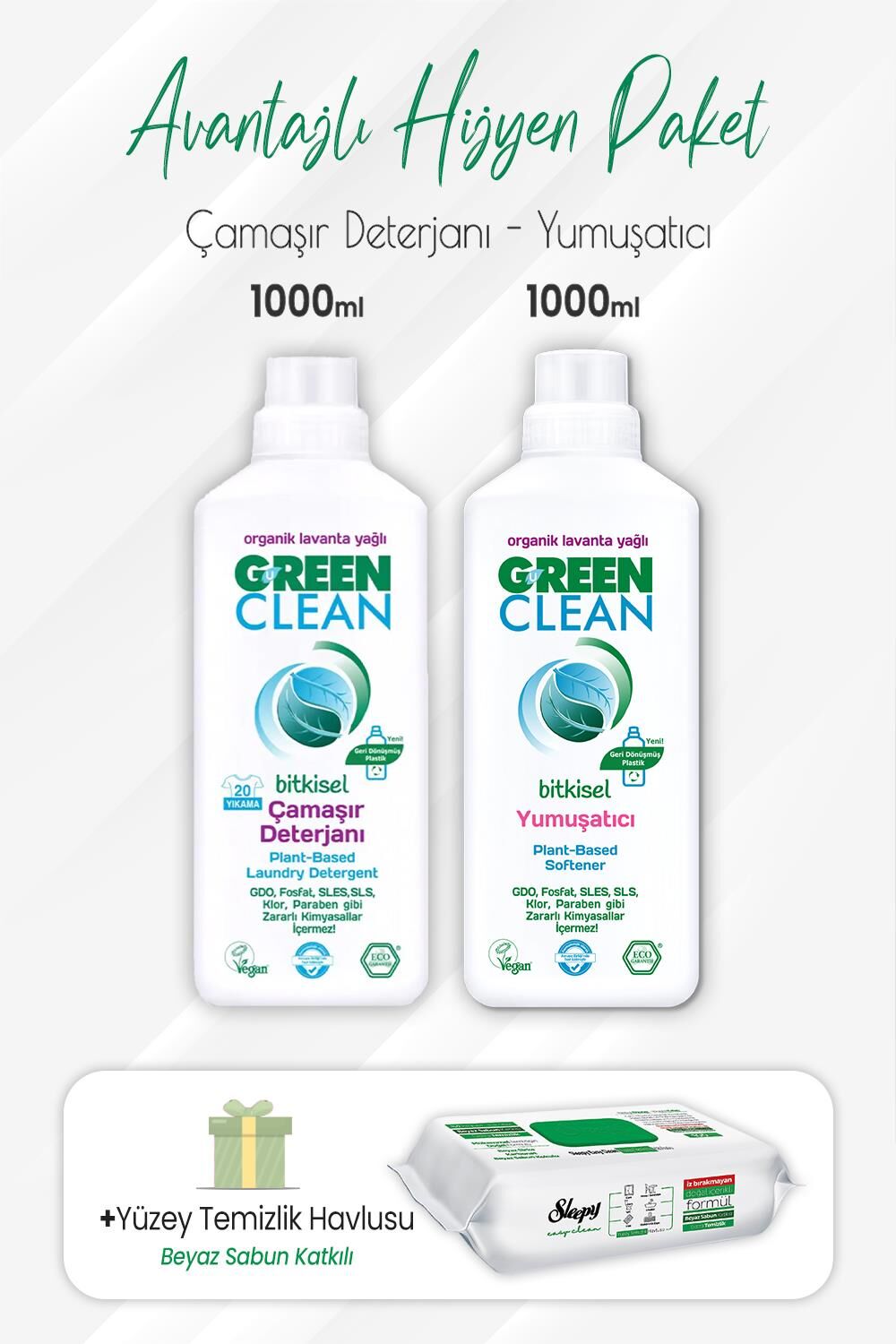 Green Clean Bitkisel Çamaşır Deterjanı ve Yumuşatıcısı Lavanta Yağlı 1000 ml