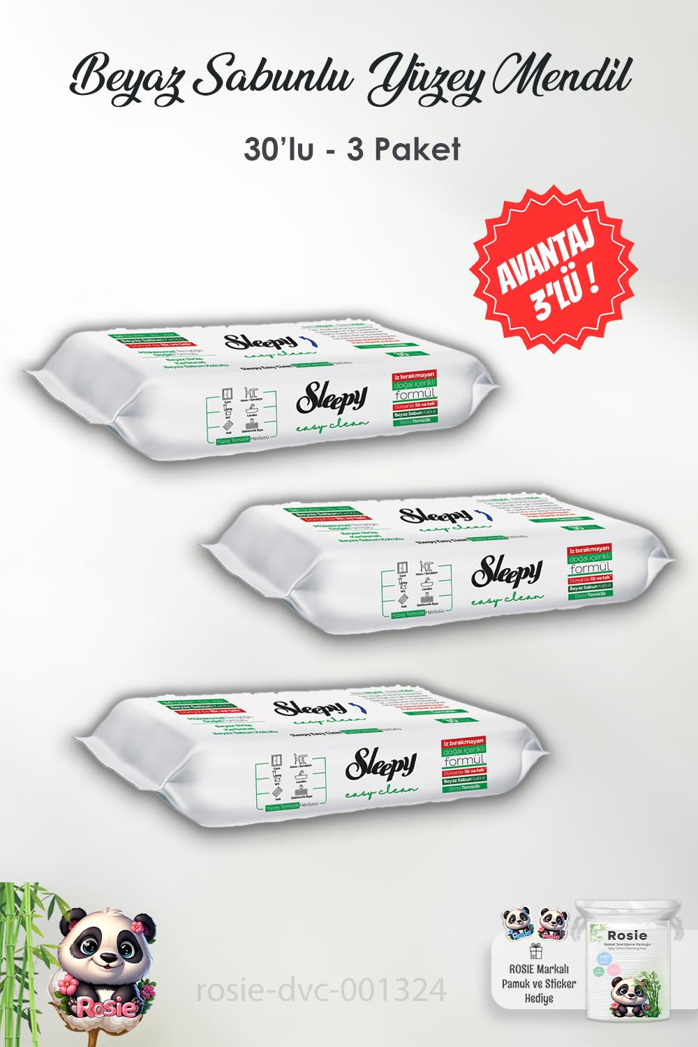 Sleepy 3'lü Beyaz Sabunlu Yüzey Temizlik Havlusu 30'lu ve ROSIE