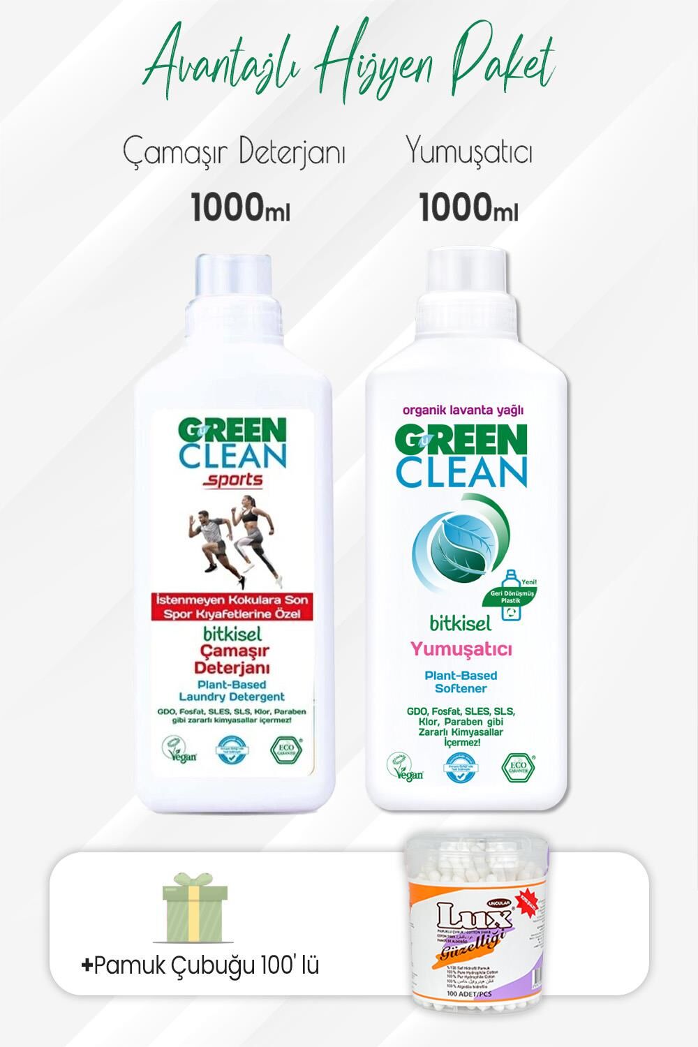 Green Clean Sports Çamaşır Deterjanı, Yumuşatıcı 1000 ml ve Pamuk Çubuğu