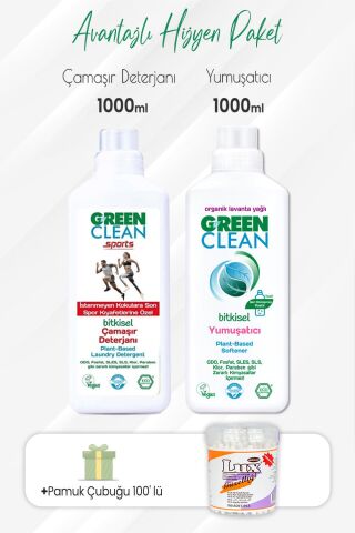Green Clean Sports Çamaşır Deterjanı, Yumuşatıcı 1000 ml ve Pamuk Çubuğu