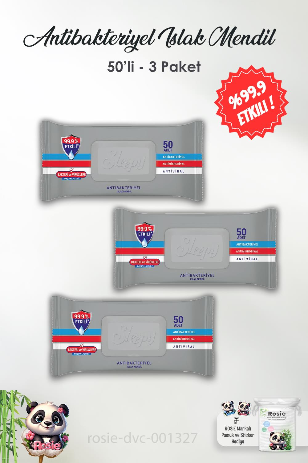 3 Adet Sleepy Antibakteriyel Islak Havlu 50 li Gri Paket ve ROSIE
