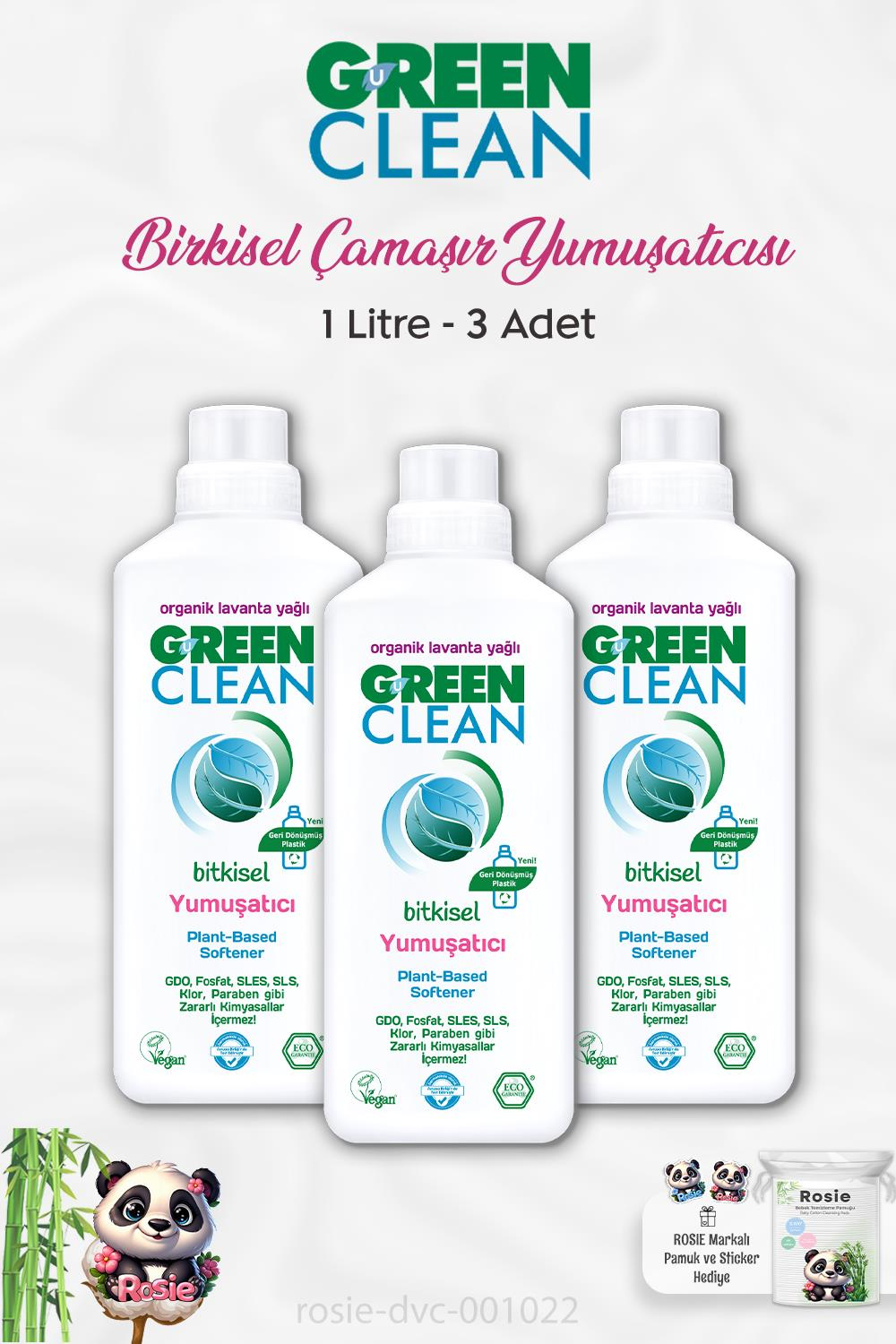 3 Adet Green Clean Bitkisel Çamaşır Yumuşatıcı Lavanta Yağlı 1 lt ve ROSIE