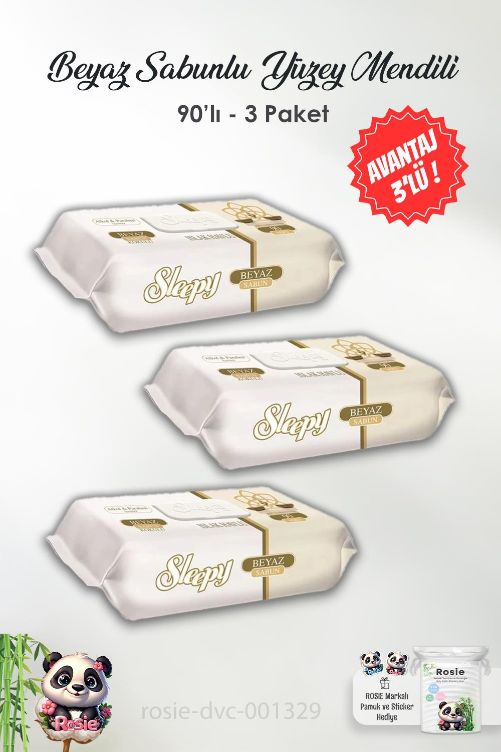 3 Adet Sleepy Beyaz Sabun Kokulu Islak Havlu Mendil 90'lı ve ROSIE