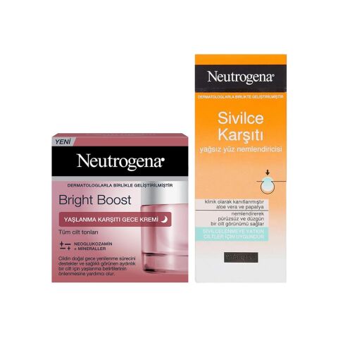 Neutrogena Bright Boost Yaşlanma Karşıtı Gece Kremi 50 ml ve Yağsız Yüz Nemlendiricisi 50 ml