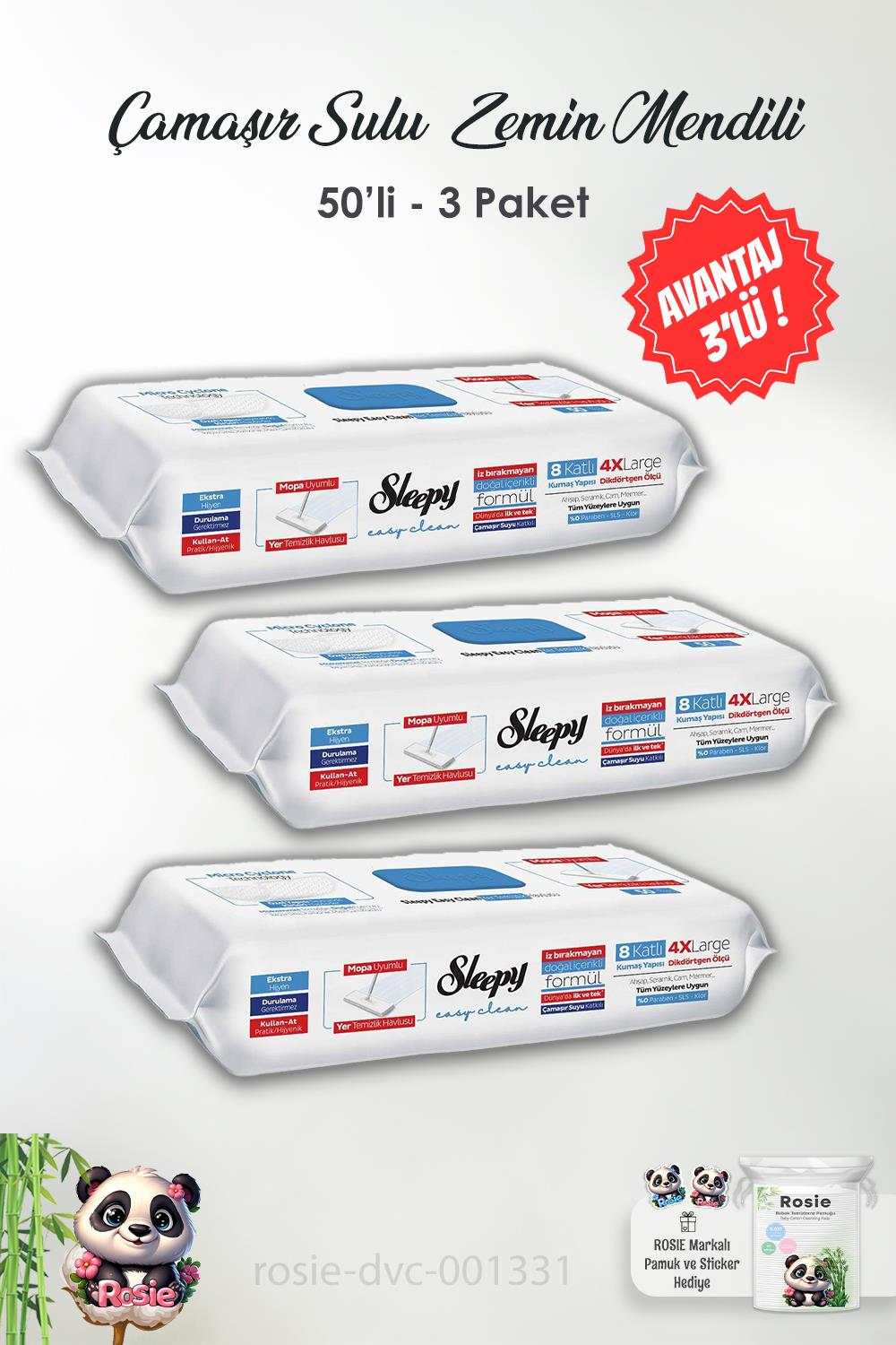 3'lü Sleepy Çamaşır Suyu Katkılı 8 Katlı 4X Large Mopa Uyumlu Temizlik Havlusu 50 li ve ROSIE