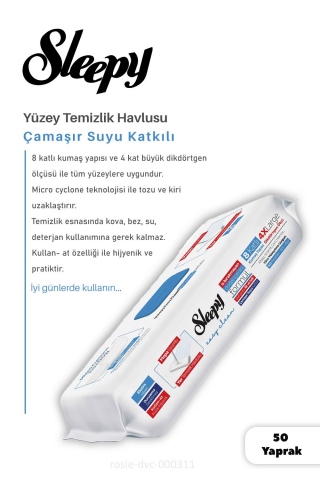 3'lü Sleepy Çamaşır Suyu Katkılı 8 Katlı 4X Large Mopa Uyumlu Temizlik Havlusu 50 li ve ROSIE