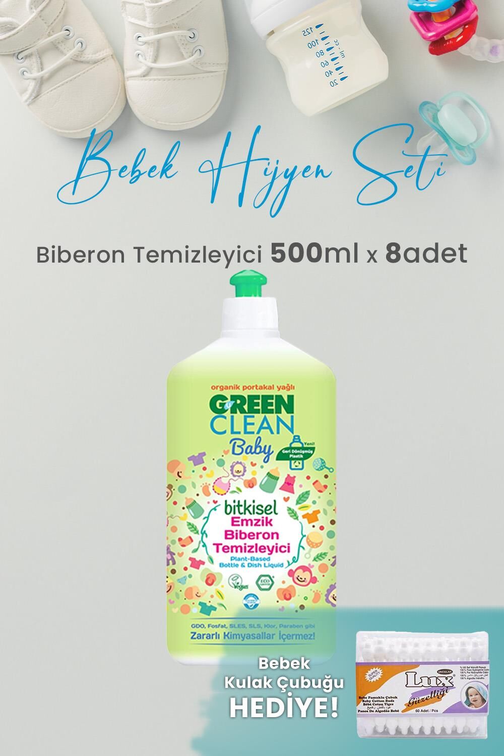 U green Clean Baby Bitkisel Biberon Emzik Temizleyici 500 ml x 8 Adet ve Hediyeli