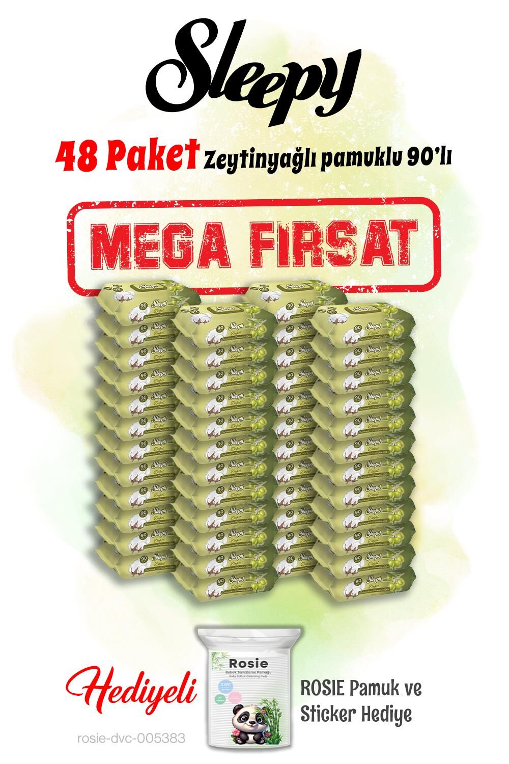 Sleepy Mega 48 paket 90'lı Zeytinyağlı Pamuklu Islak Havlu ve Rosie hediye