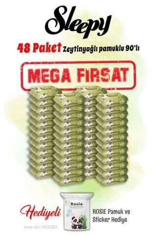 Sleepy Mega 48 paket 90'lı Zeytinyağlı Pamuklu Islak Havlu ve Rosie hediye