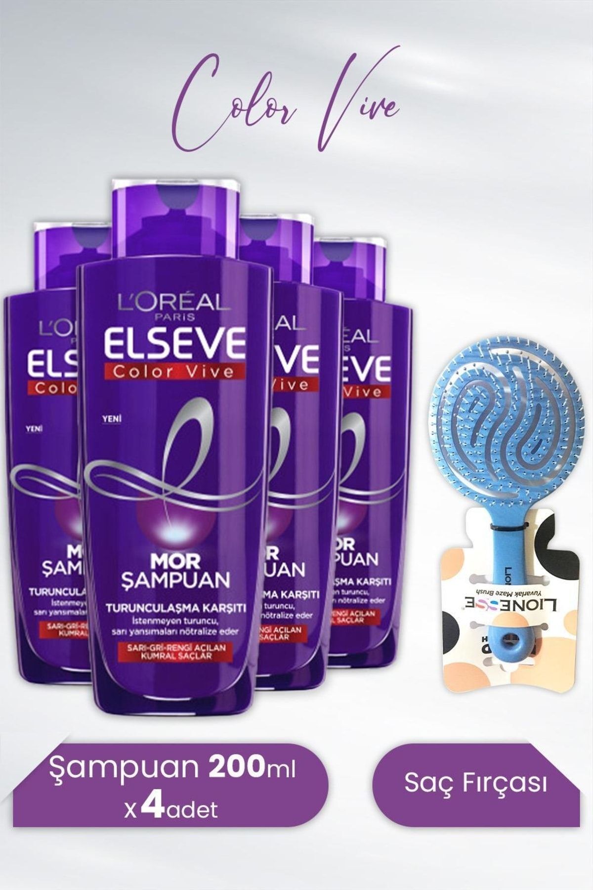 Elseve Color Vive Mor Şampuan Turunculaşma Karşıtı 200 Ml X 4 Adet Ve Tarko Lionesse Saç Fırçası