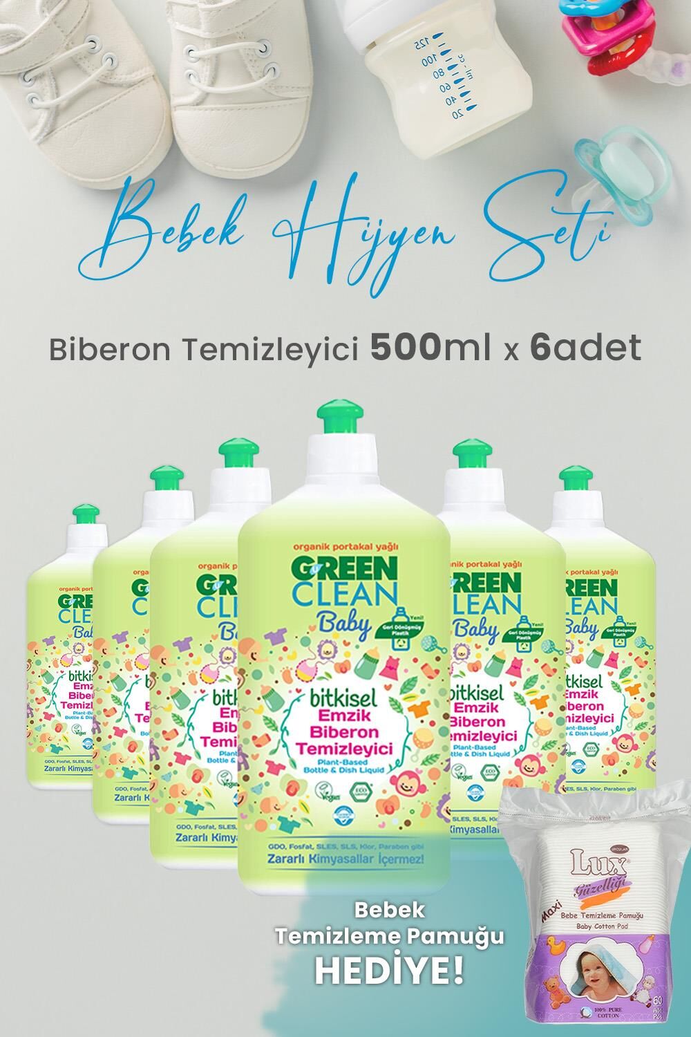 U green Clean Baby Bitkisel Biberon Emzik Temizleyici 500 ml x 6 Adet ve Hediyeli