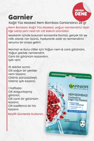 Garnier Kağıt Yüz Maskesi Nem Bombası Canlandırıcı 28 gr