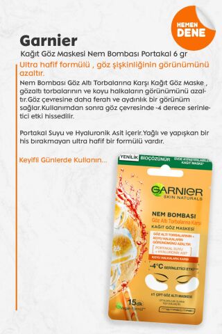 Garnier Kağıt Göz Maskesi Nem Bombası Portakal 6 gr