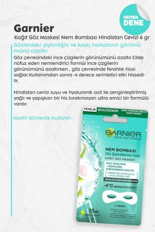 Garnier Kağıt Göz Maskesi Nem Bombası Hindistan Cevizi 6 gr
