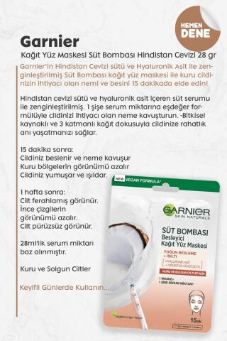 Garnier Kağıt Yüz Maskesi Süt Bombası Hindistan Cevizi 28 gr