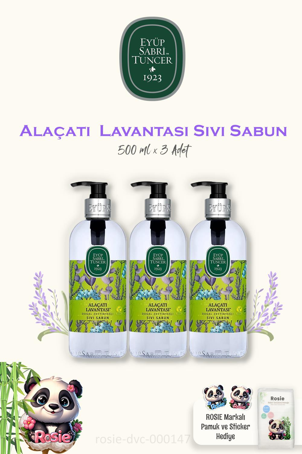 3 Adet Eyüp Sabri Tuncer Alaçatı Lavantası  Sıvı Sabun 500 ml ve 60'lı ROSIE Pamuk