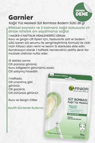 Garnier Kağıt Yüz Maskesi Süt Bombası Badem Sütü 28 gr