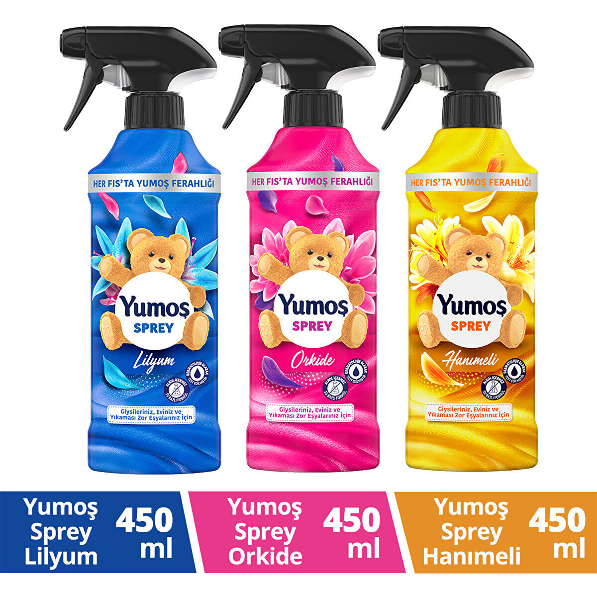 Yumoş Sprey Hanımeli 450ML+YUMOŞ Sprey Orkide 450ML+YUMOŞ Sprey Sprey Lilyum 450ML