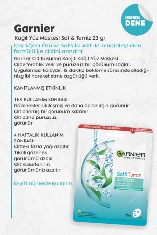 Garnier Kağıt Yüz Maskesi Saf & Temiz 23 gr