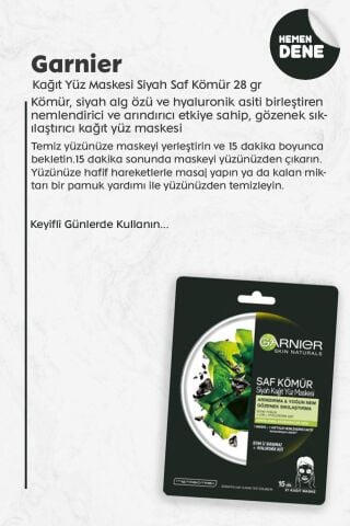 Garnier Kağıt Yüz Maskesi Siyah Saf Kömür 28 gr