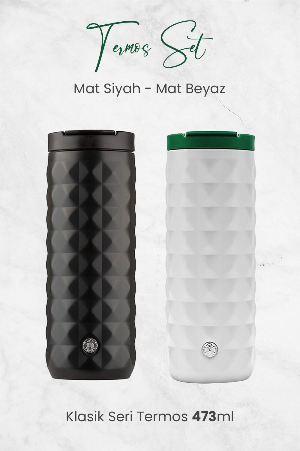 Starbucks Mat Beyaz ve Siyah Klasik Seri Termos Seti