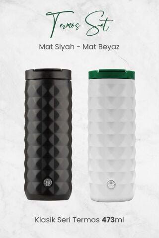 Starbucks Mat Beyaz ve Siyah Klasik Seri Termos Seti