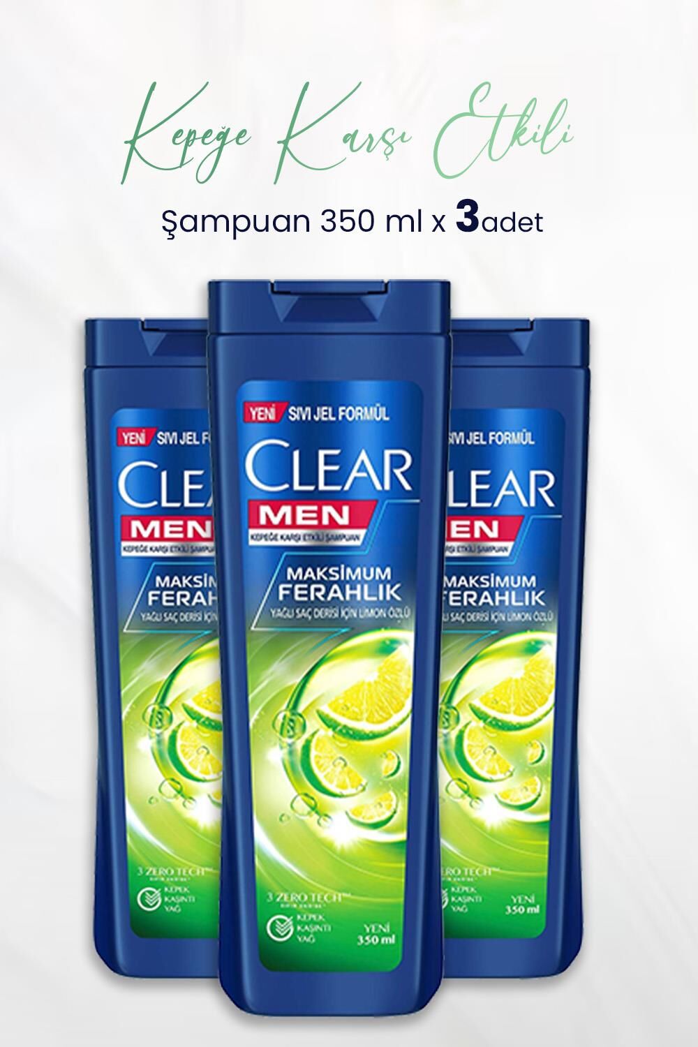 Clear Men Kepeğe Karşı Etkili Şampuan Maksimum Ferahlık Limon Özlü 350 ML x 3 Adet