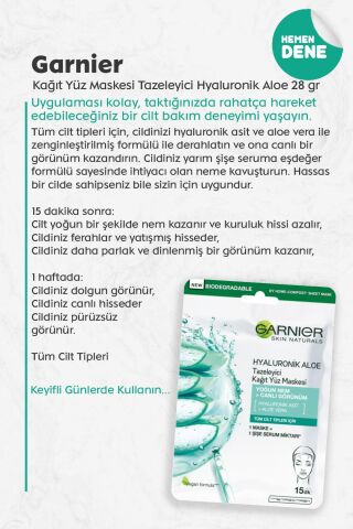 Garnier Kağıt Yüz Maskesi Tazeleyici Hyaluronik Aloe 28 gr