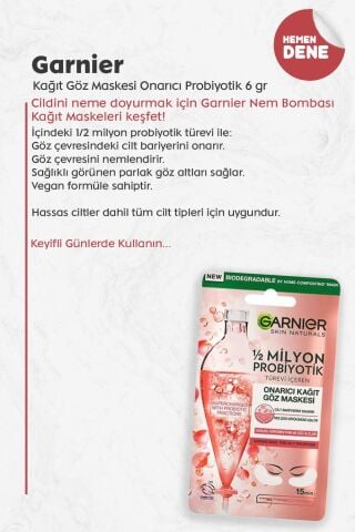 Garnier Kağıt Göz Maskesi Onarıcı Probiyotik 6 gr