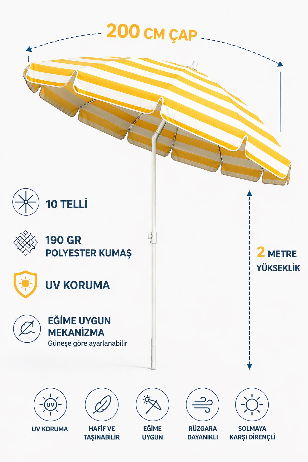 Plaj Şemsiyesi 10 Telli 200 CM Çap Sarı Beyaz Renkli Eğim Verilebilir