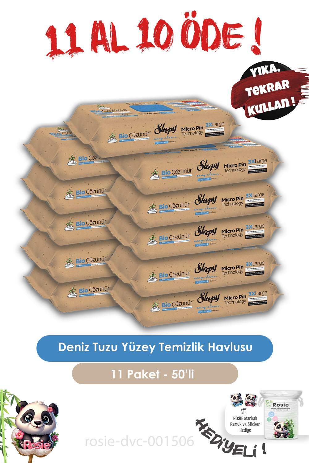 Sleepy 11 AL 10 ÖDE  Bio Çözünür Yüzey Temizlik Havlusu Deniz Tuzu 50'li ve ROSIE