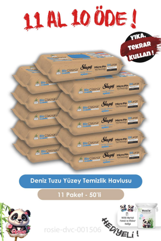 Sleepy 11 AL 10 ÖDE  Bio Çözünür Yüzey Temizlik Havlusu Deniz Tuzu 50'li ve ROSIE
