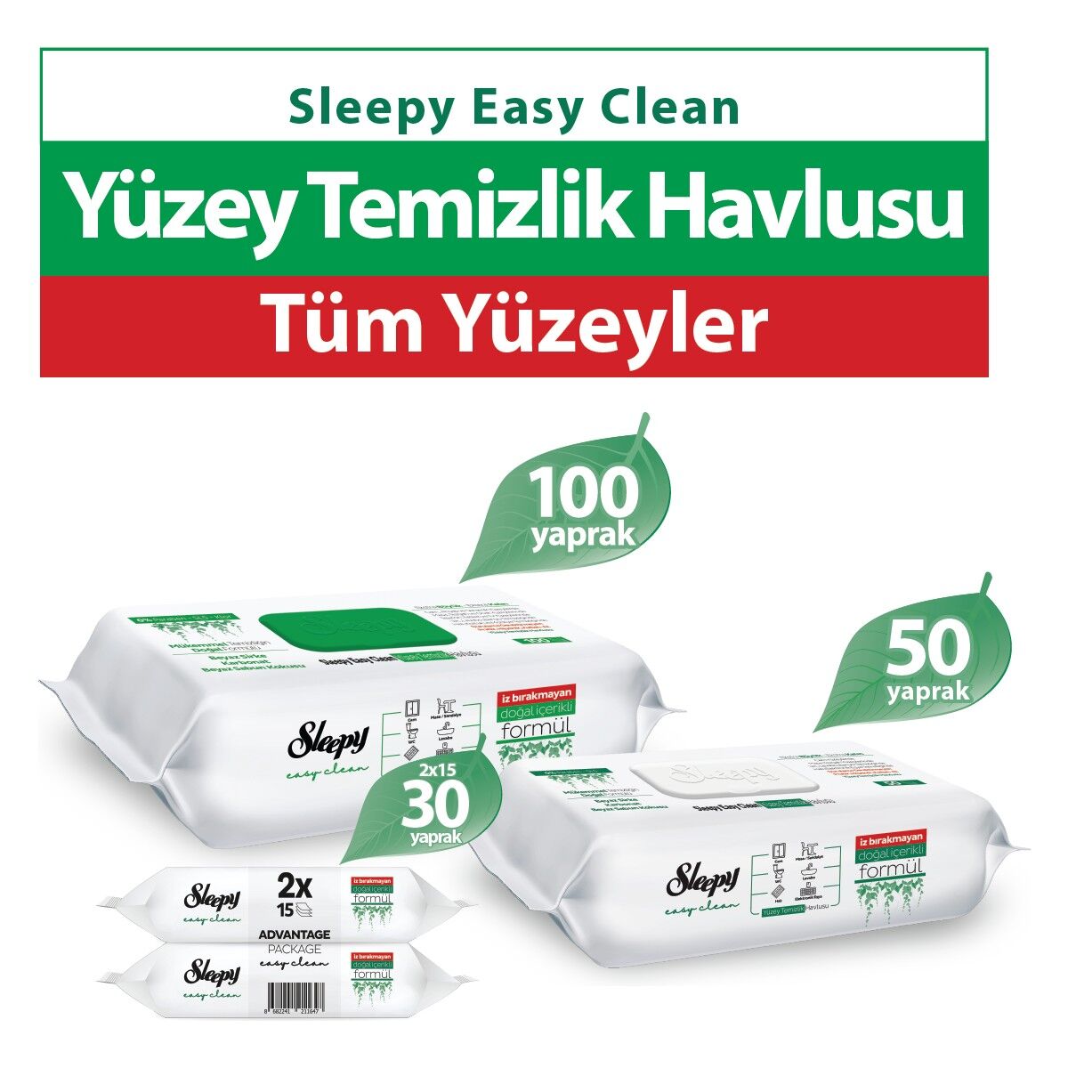 Sleepy Easy Clean Beyaz Sabun Katkılı Yüzey Temizlik Havlusu 100+50+2X15 (180 Yaprak)