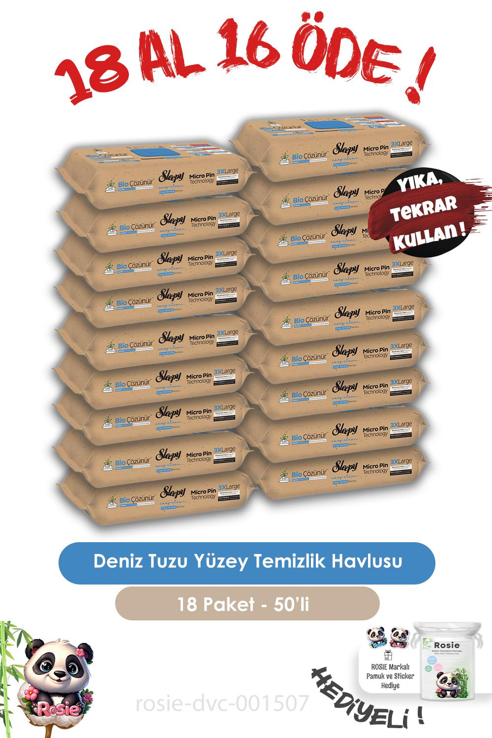 Sleepy 18 AL 16 ÖDE Bio Çözünür Yüzey Temizlik Havlusu Deniz Tuzu 50'li ve ROSIE