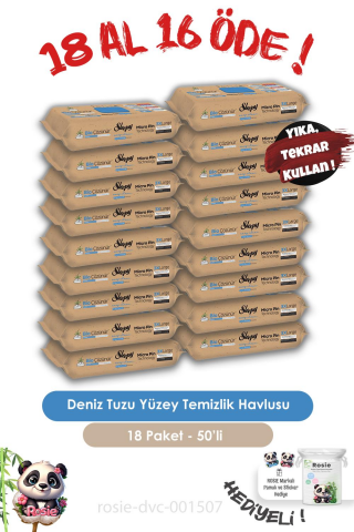 Sleepy 18 AL 16 ÖDE Bio Çözünür Yüzey Temizlik Havlusu Deniz Tuzu 50'li ve ROSIE