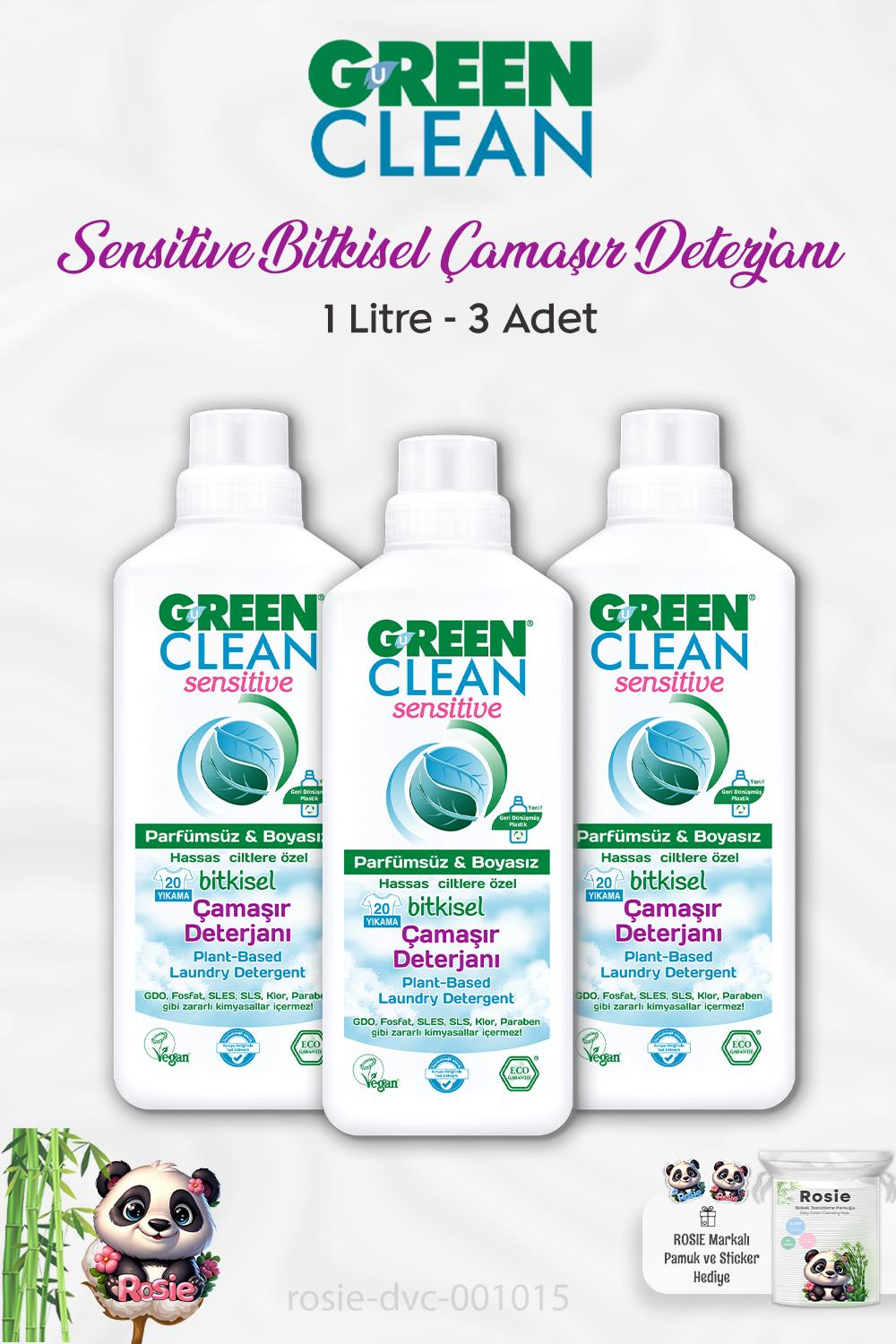 3 Adet Green Clean Sensitive Bitkisel Çamaşır Deterjanı 1 lt ve ROSIE