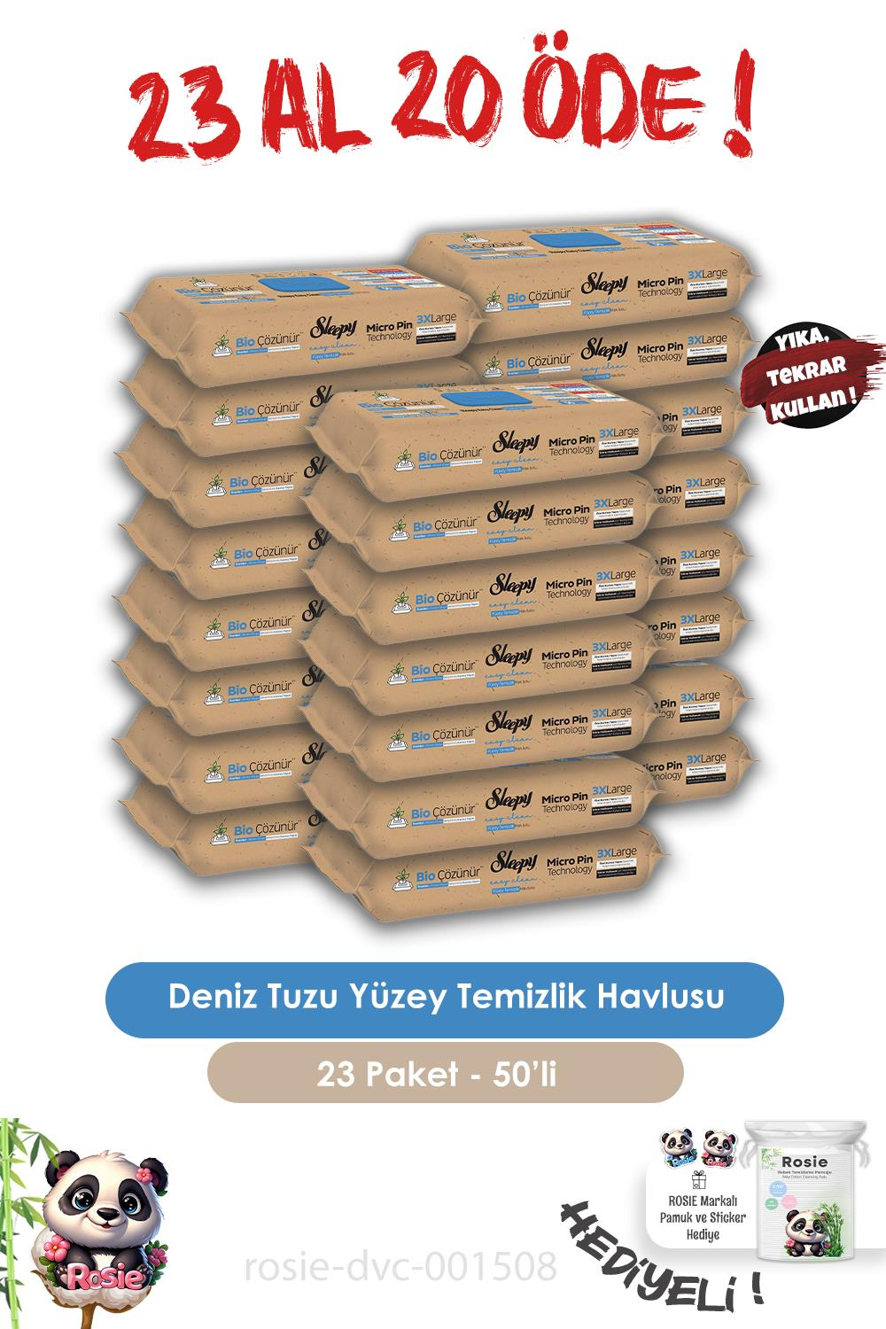 Sleepy 23 AL 20 ÖDE  Bio Çözünür Yüzey Temizlik Havlusu Deniz Tuzu 50'li ve ROSIE