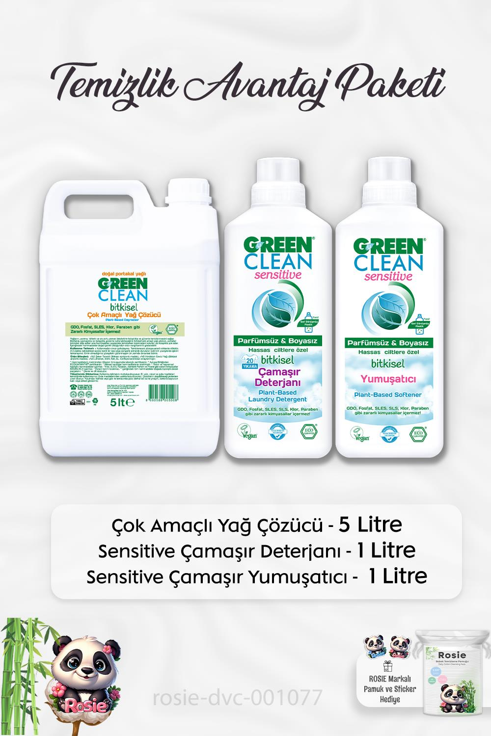 Green Clean Yağ Çözücü Portakal Yağlı 5 lt,Çamaşır Deterjanı ve Yumuşatıcı 1 lt, ROSIE