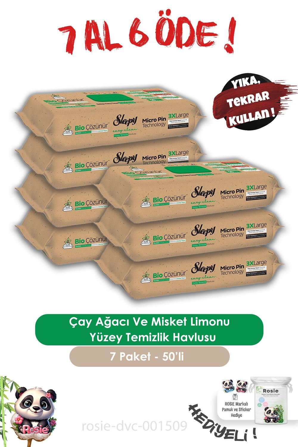Sleepy 7 AL 6 ÖDE  Bio Çözünür Çay Ağacı Ve Misket Limonu Yüzey Temizlik Havlusu 50'li ve ROSIE