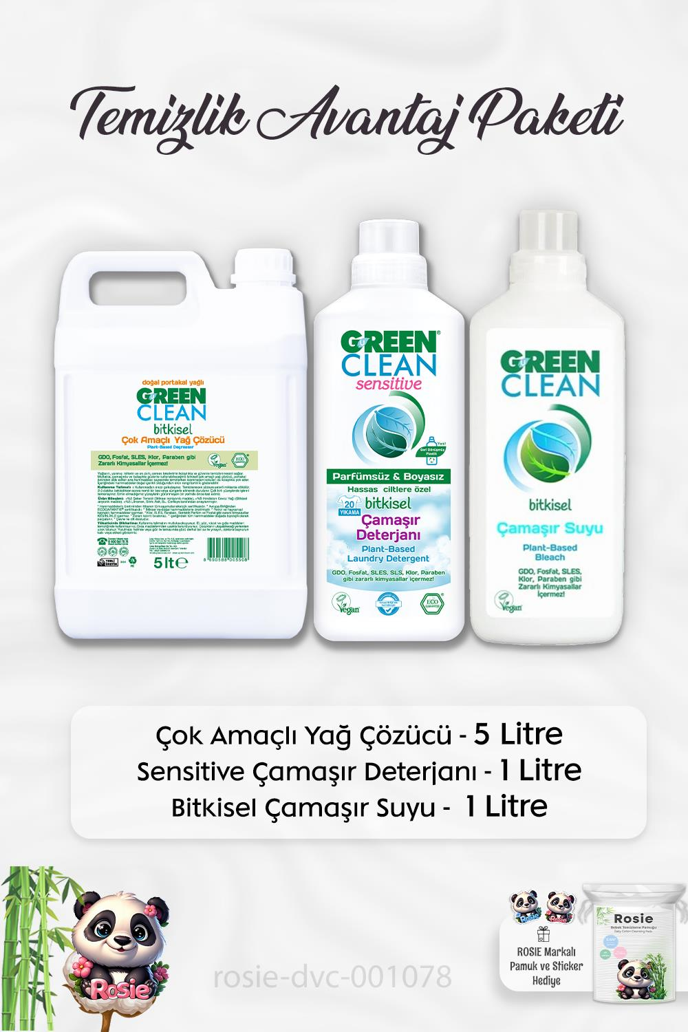 Green Clean Yağ Çözücü 5 lt, Çamaşır Deterjanı 1 lt, Çamaşır Suyu 1 lt ve ROSIE