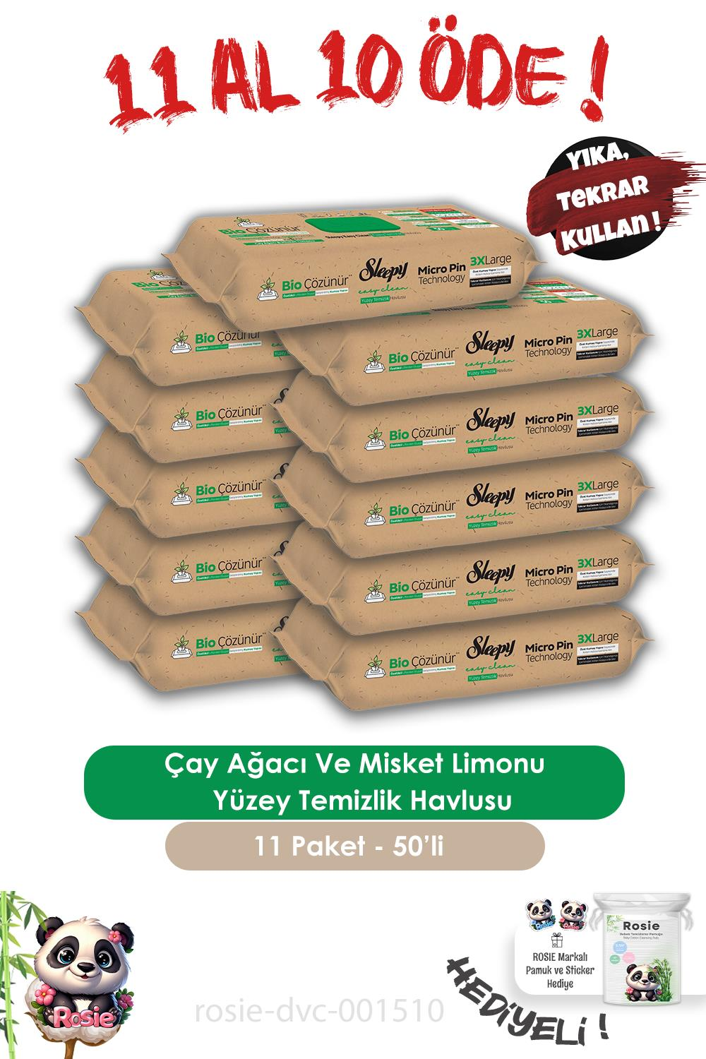Sleepy 11 AL 10 ÖDE  Bio Çözünür Çay Ağacı Ve Misket Limonu Yüzey Temizlik Havlusu 50'li ve ROSIE