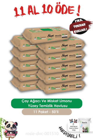 Sleepy 11 AL 10 ÖDE  Bio Çözünür Çay Ağacı Ve Misket Limonu Yüzey Temizlik Havlusu 50'li ve ROSIE